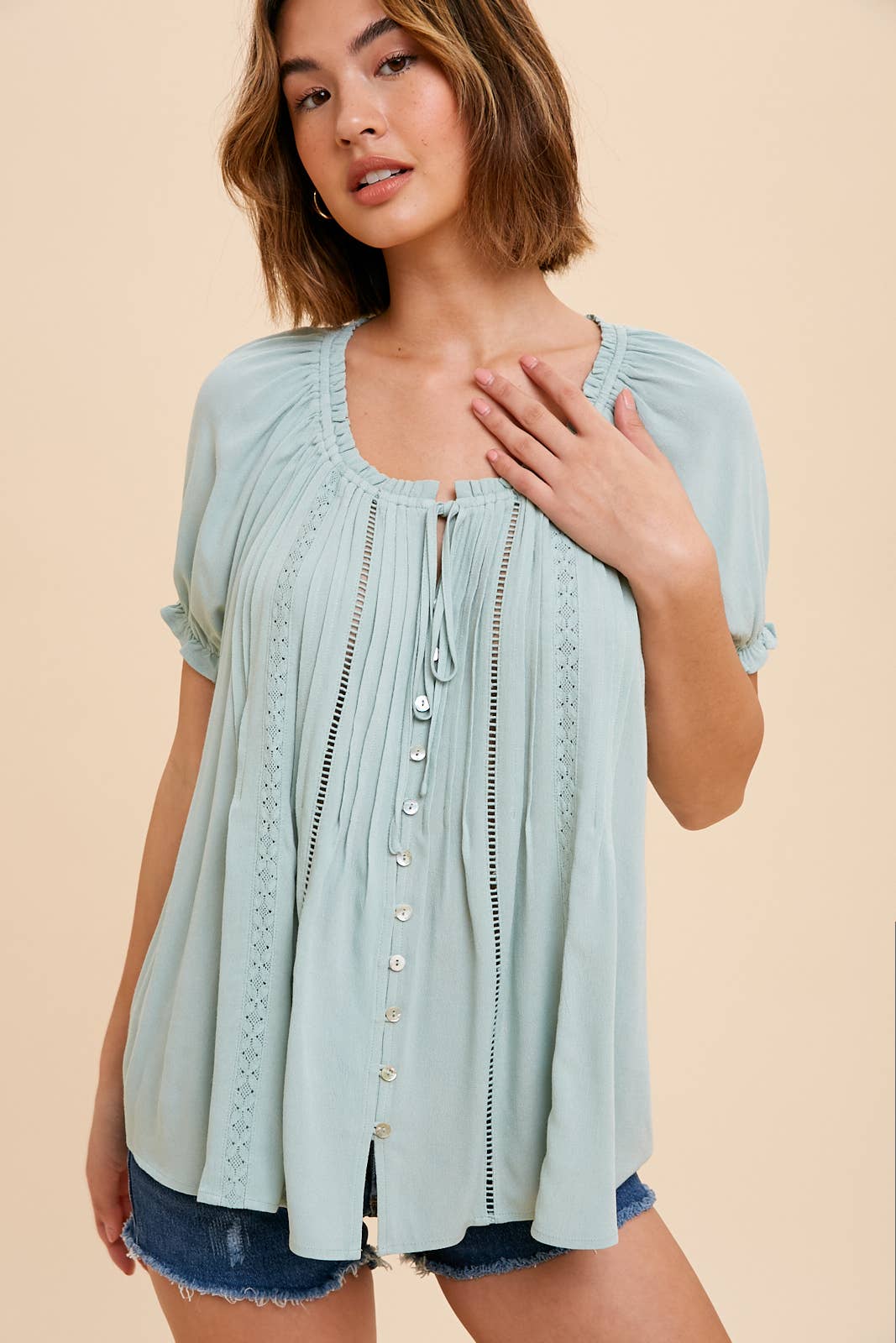 Ruffled Lace Inset Trim Button Top