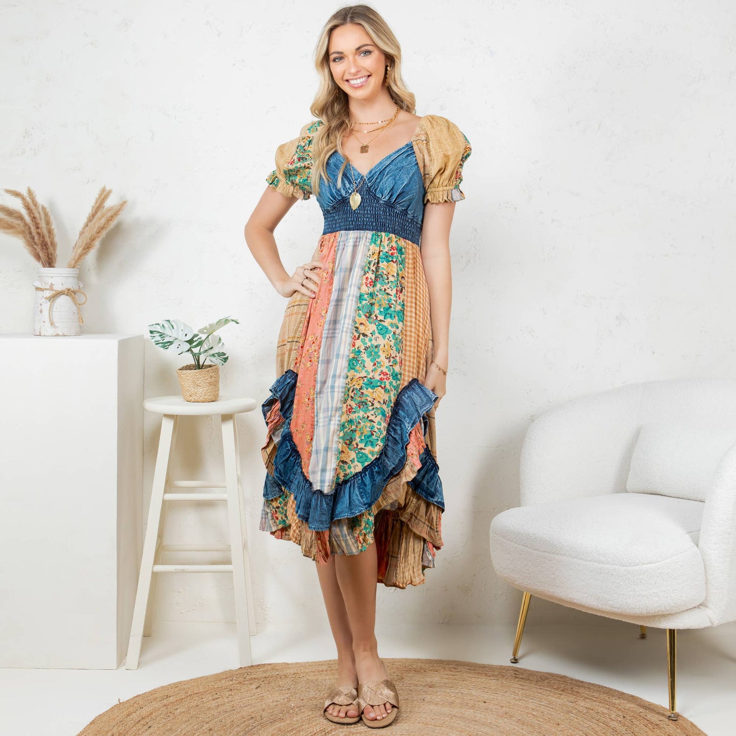 Ruffled Asym Hem Midi Dress with Denim Inserts