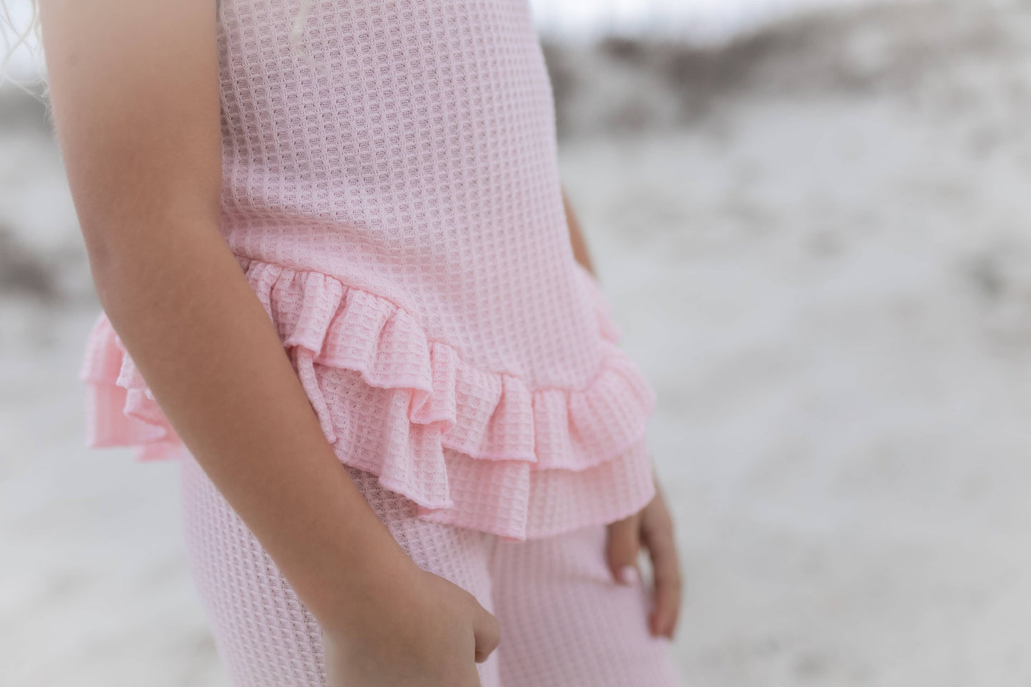 Kids Pink Ruffle Waffle Knit Spring Summer  Set