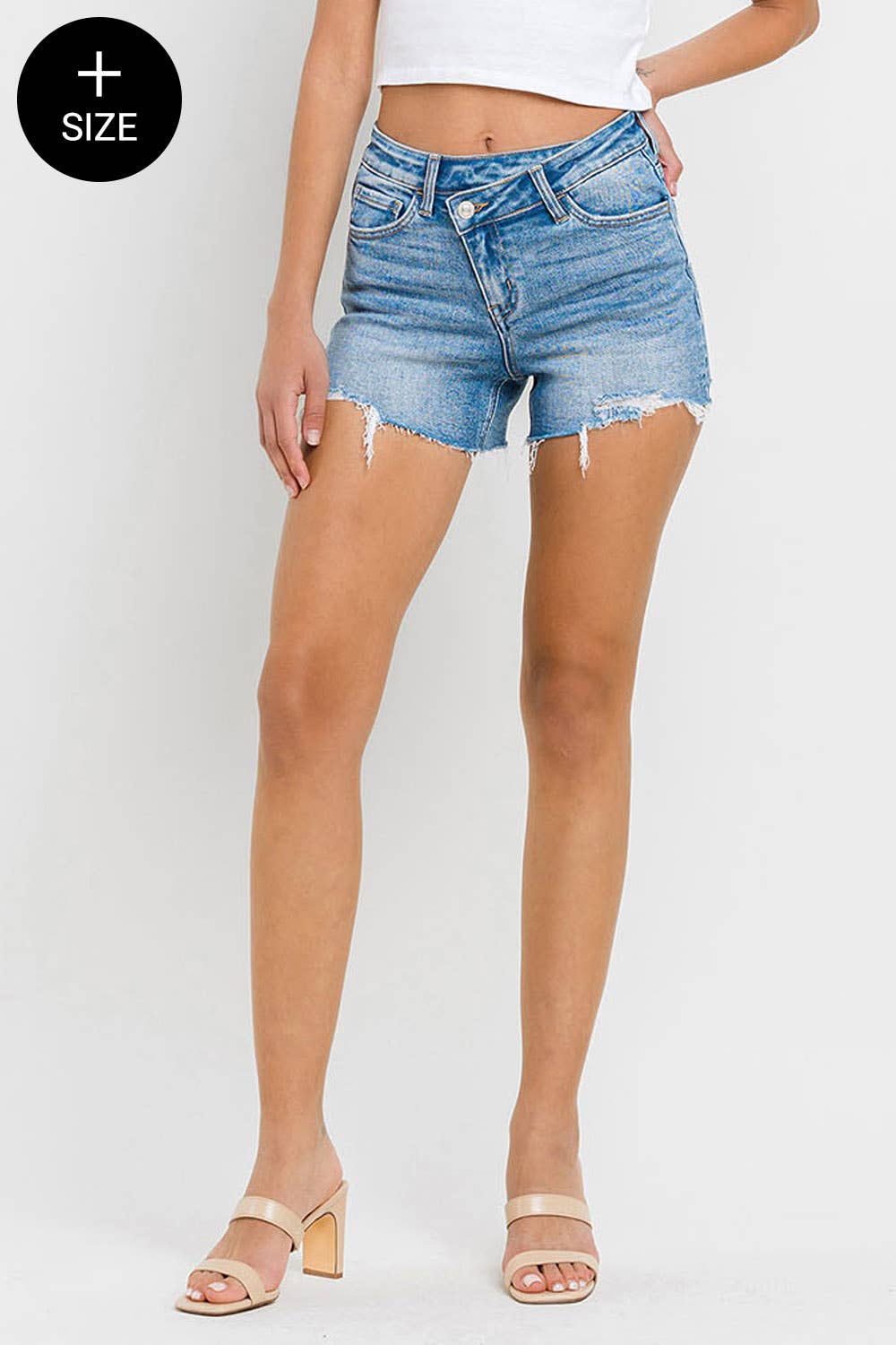 Plus High Rise Distressed Criss Cross Shorts