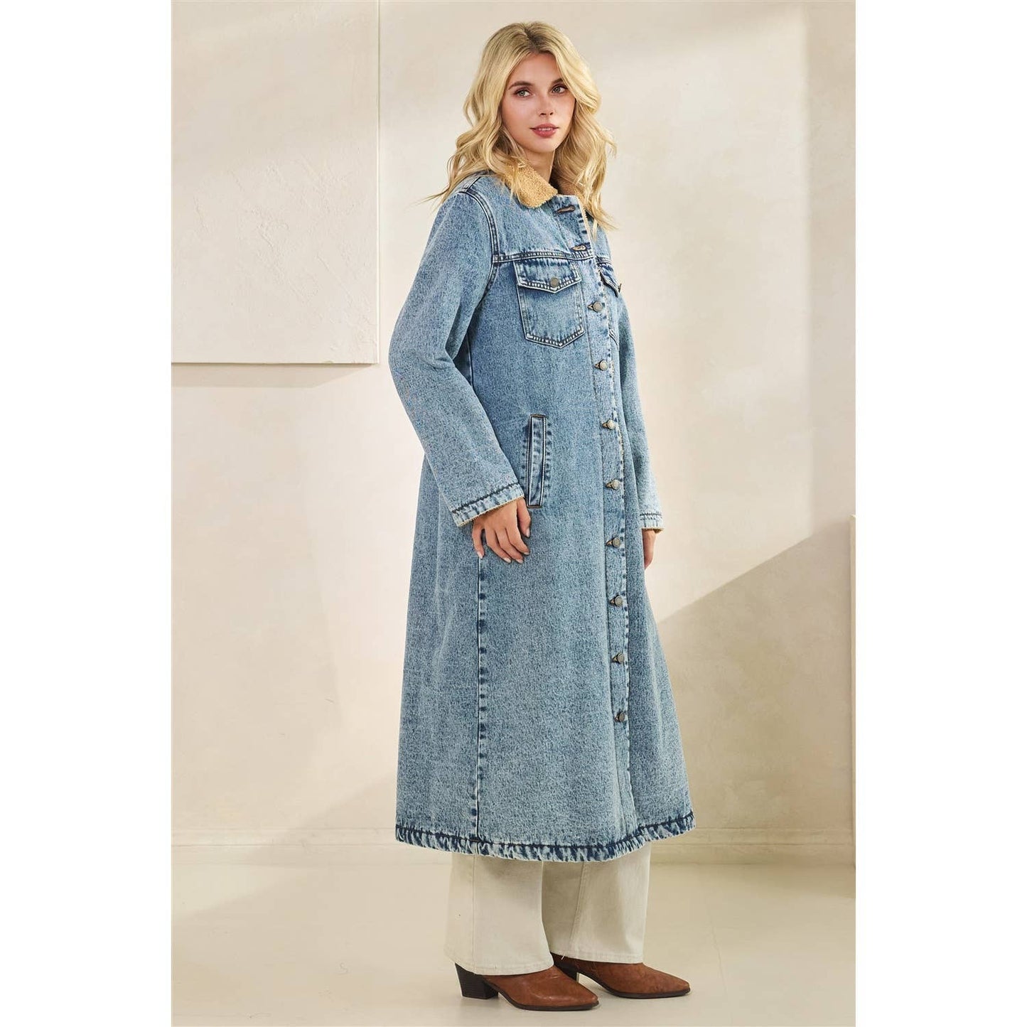 Teddy Lined Long Denim Jacket