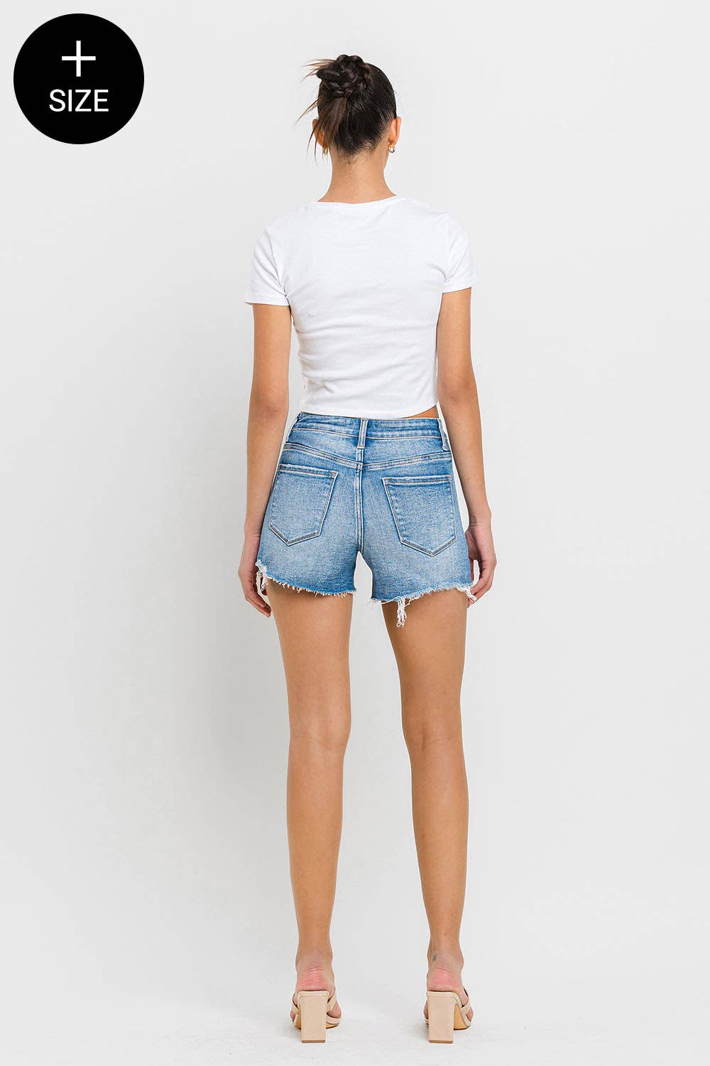 Plus High Rise Distressed Criss Cross Shorts