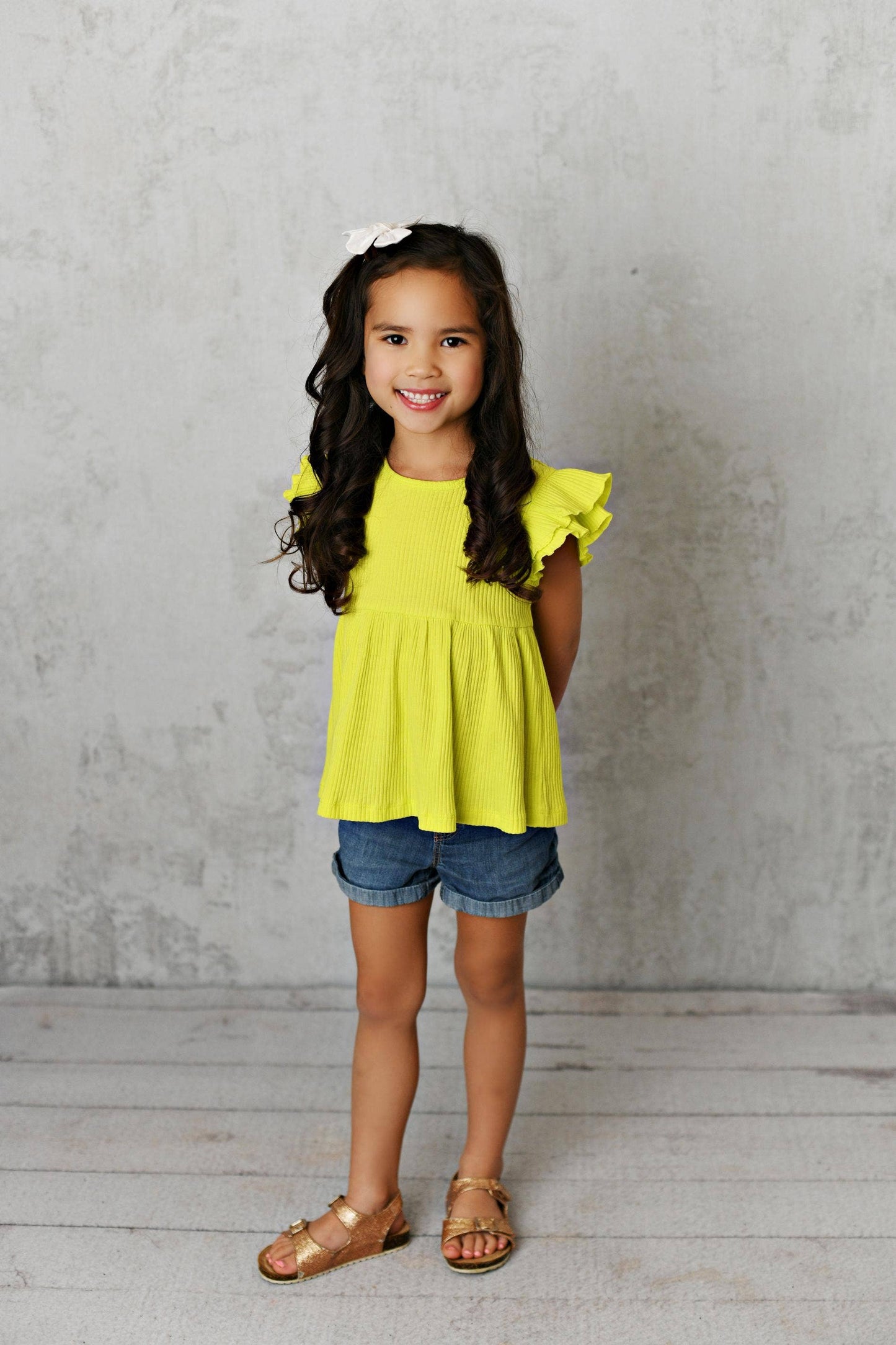 Kids Fluorescent Double Ruffle Flutter Sleeve Spring Shirt