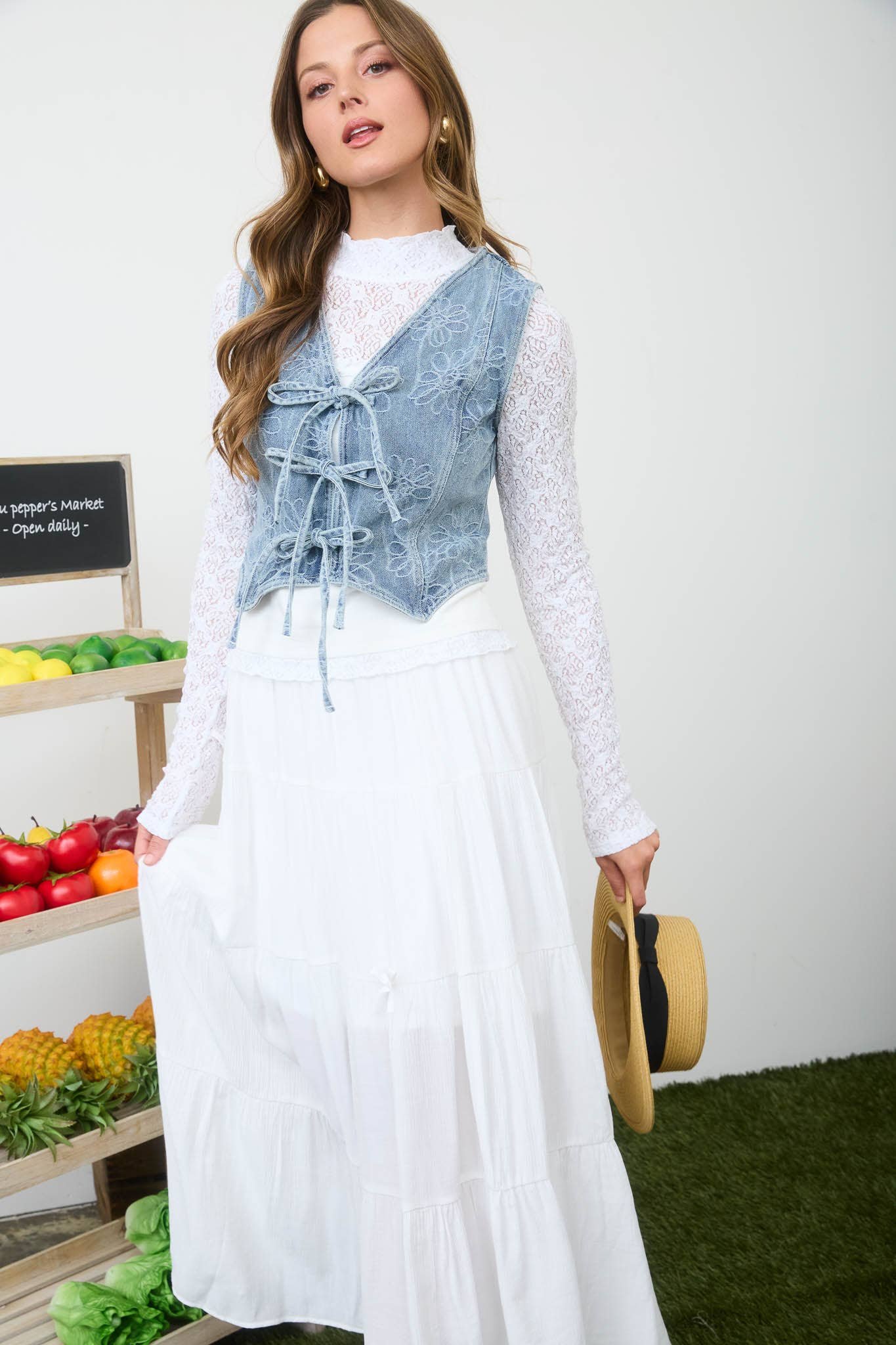 Floral Washed Denim Vest