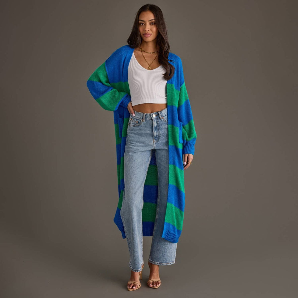 Royal Blue & Green Striped Duster Cardigan