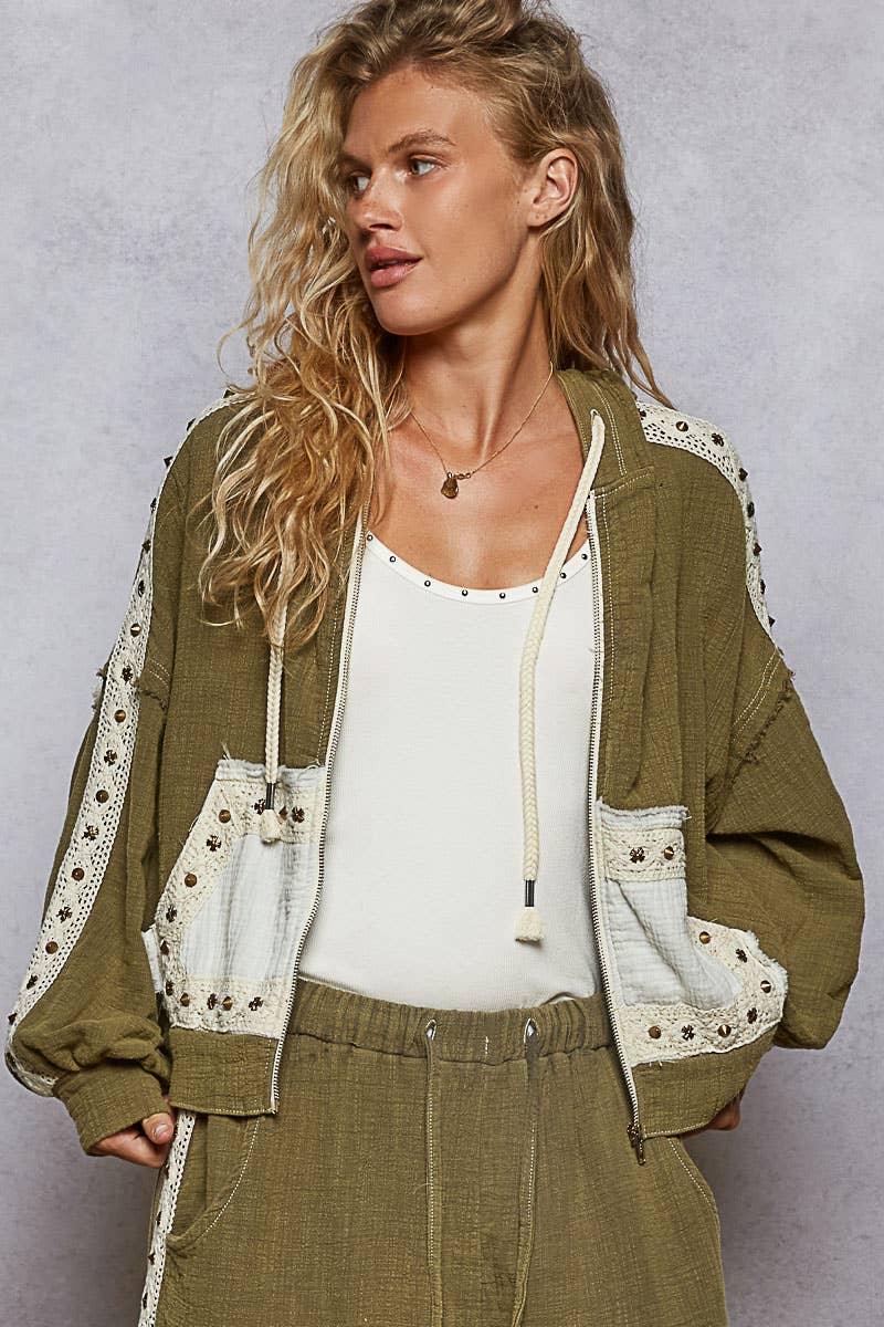 Vintage Gauze Stud Detail Hoodie Jacket