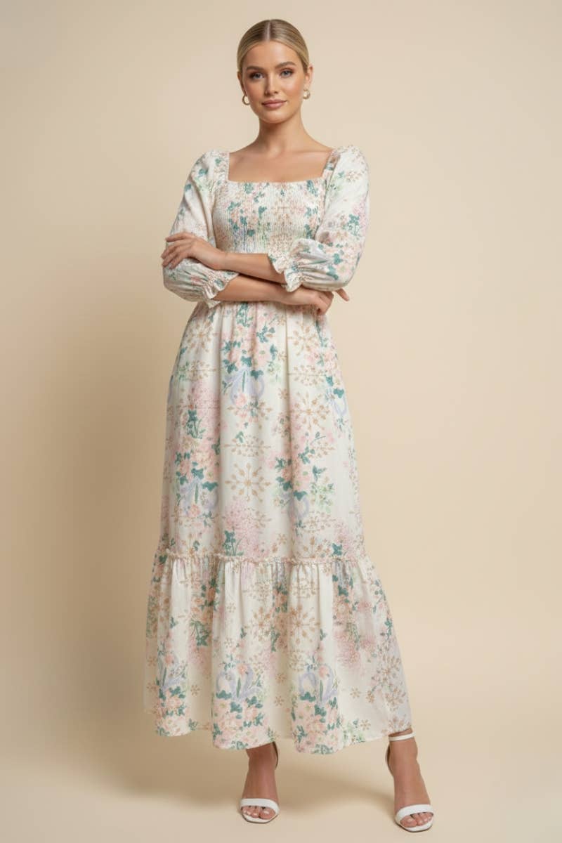 Floral Print Embroidered Dress