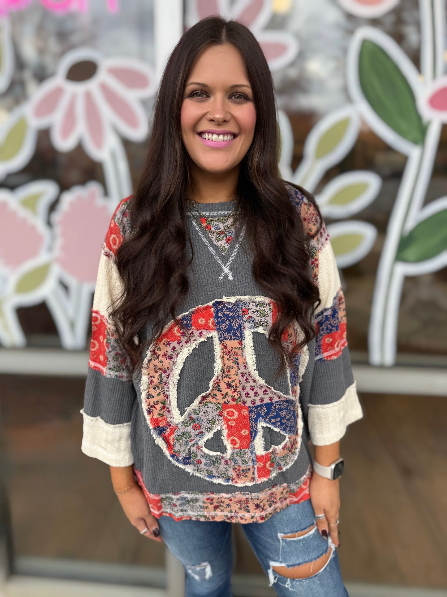 Oversized Peace Patch Stitch Knit Top