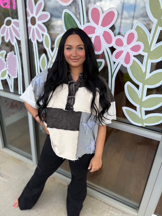 Washed Star Patchwork Collared Shirt