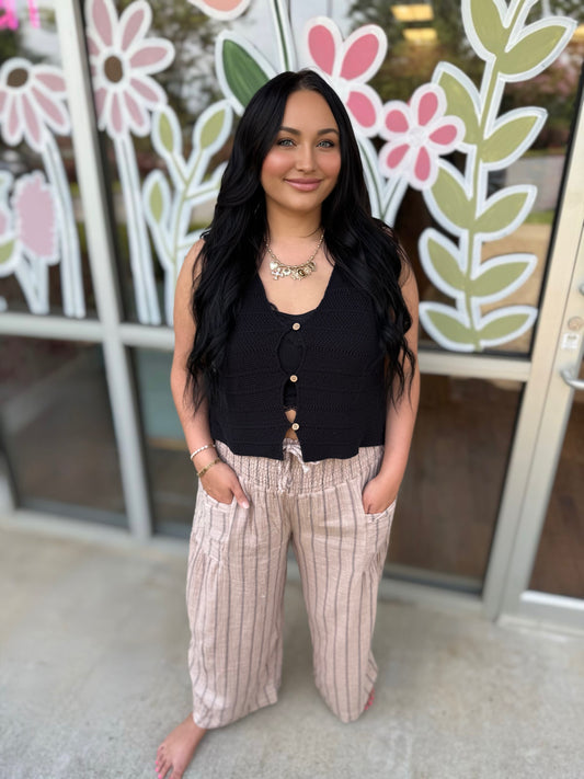 Smocked Waist Stripe Linen Pants