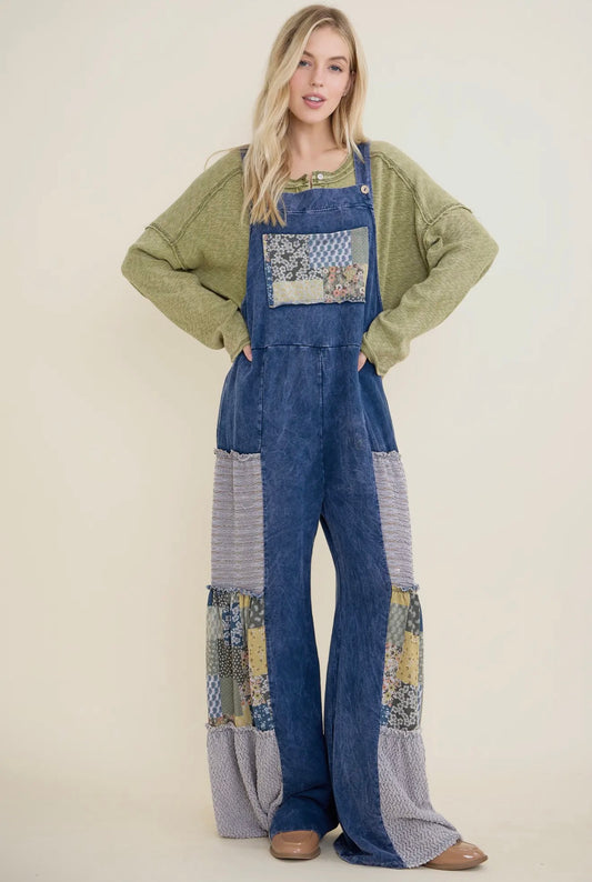 Navy Tiered Boho Patchwork Overalls