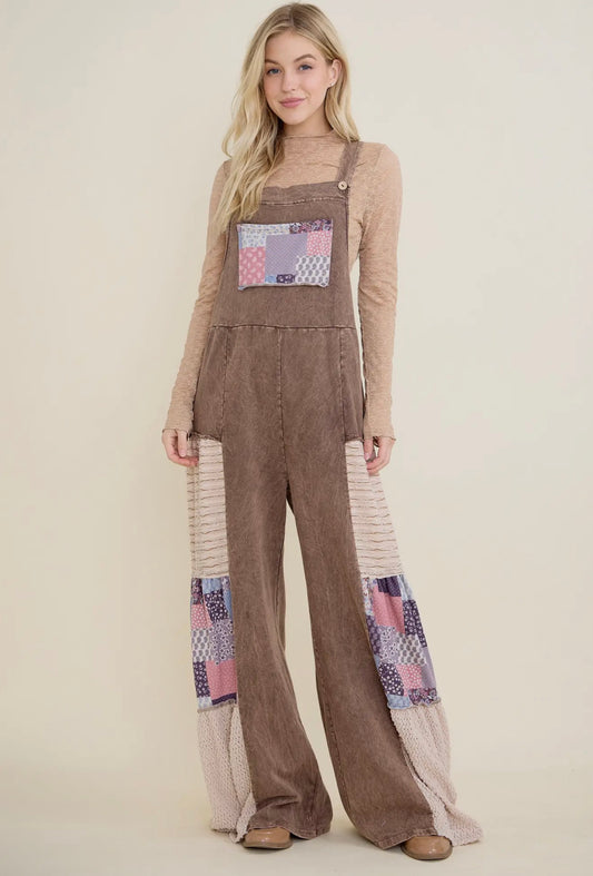 Chocolate Tiered Boho Patchwork Overalls