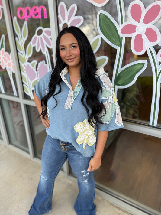 Washed Flower Patchwork Collared Top