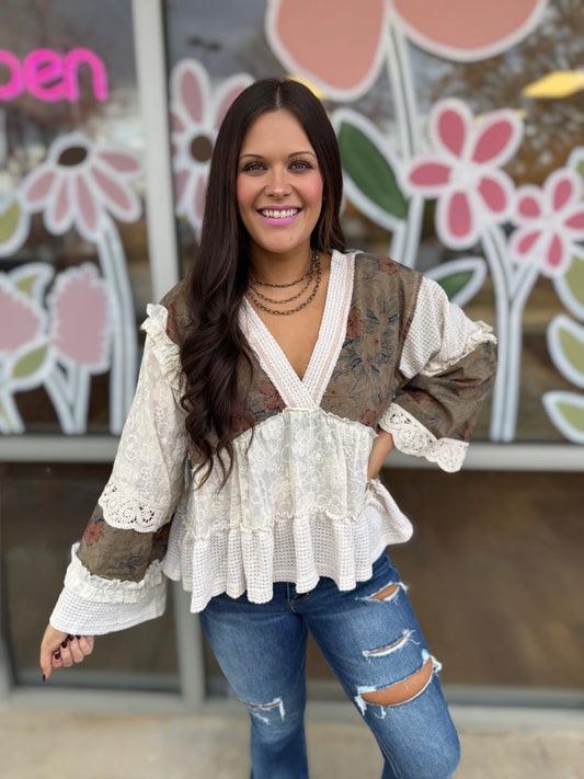 Long Sleeve Patchwork Floral Print Ruffle Stitch Woven Top