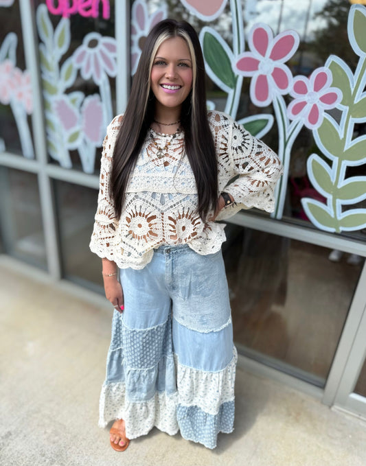 Denim Floral Flare Pants