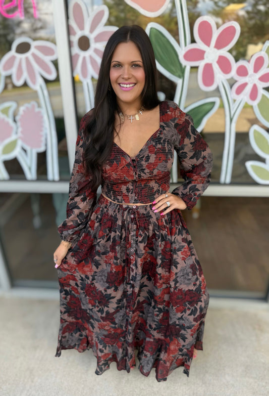 Floral Print Smocked Sweetheart Top