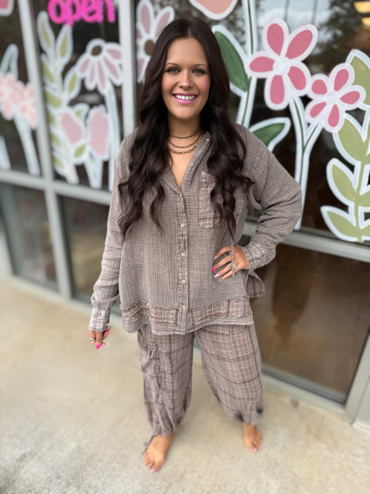 Brown Striped Gauze Button Up