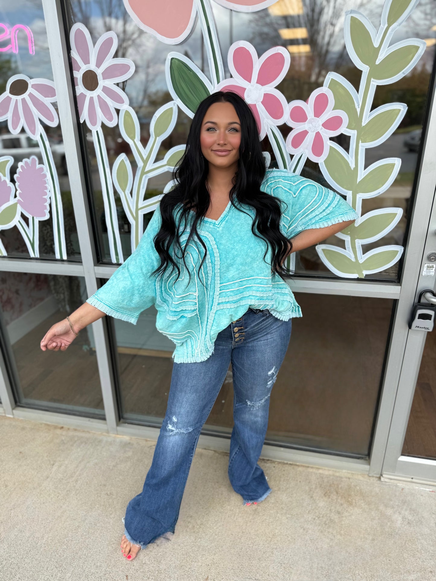 Aqua Connective Hearts V- Neck
