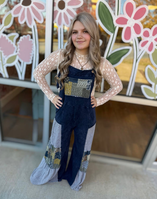 Navy Tiered Boho Patchwork Overalls