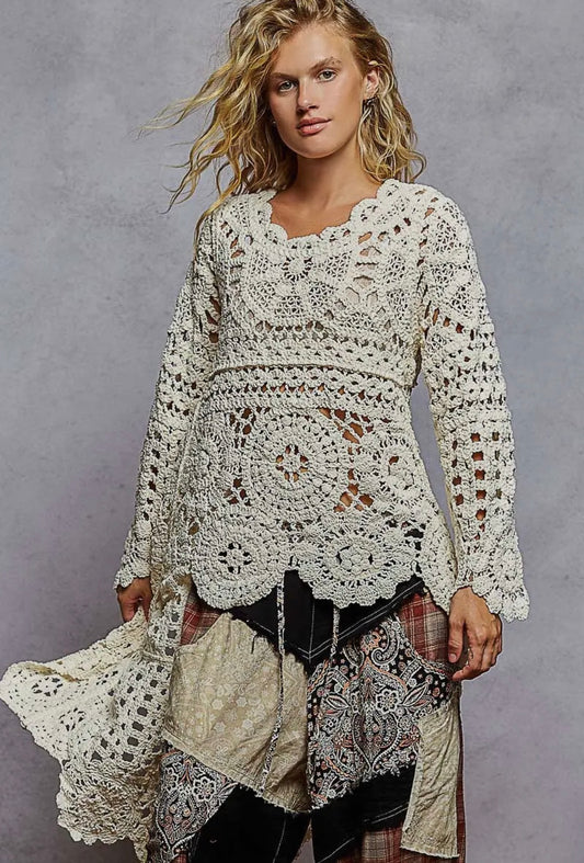 Cream Crochet High Lo Sweater