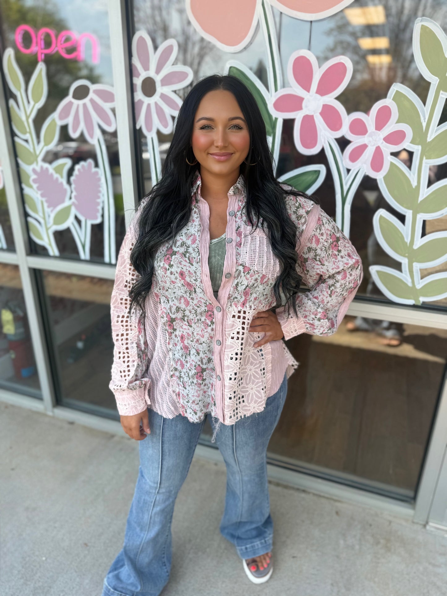 Floral Printed Contrast Crochet Top