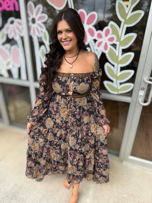 Floral Button-Front Tiered Ruffle Maxi Dress