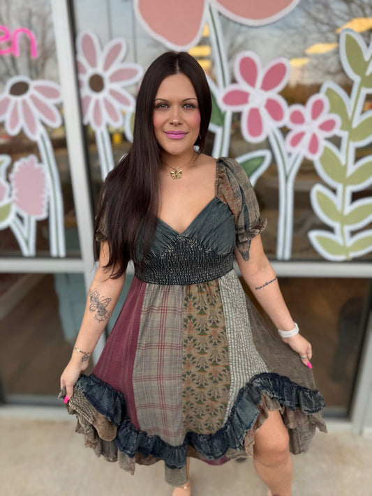 Ruffled Asym Hem Midi Dress with Denim Inserts