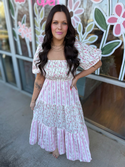 Floral Print Mixed Bubble Hem Maxi Dress