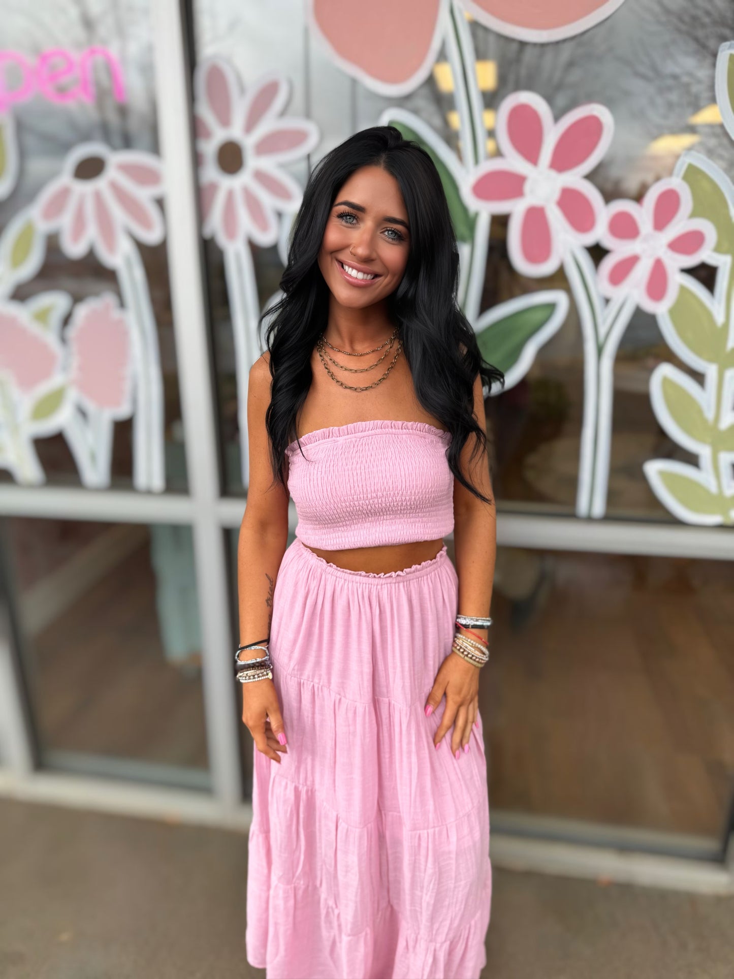 Pink Smocked Tube Top & Skirt Set