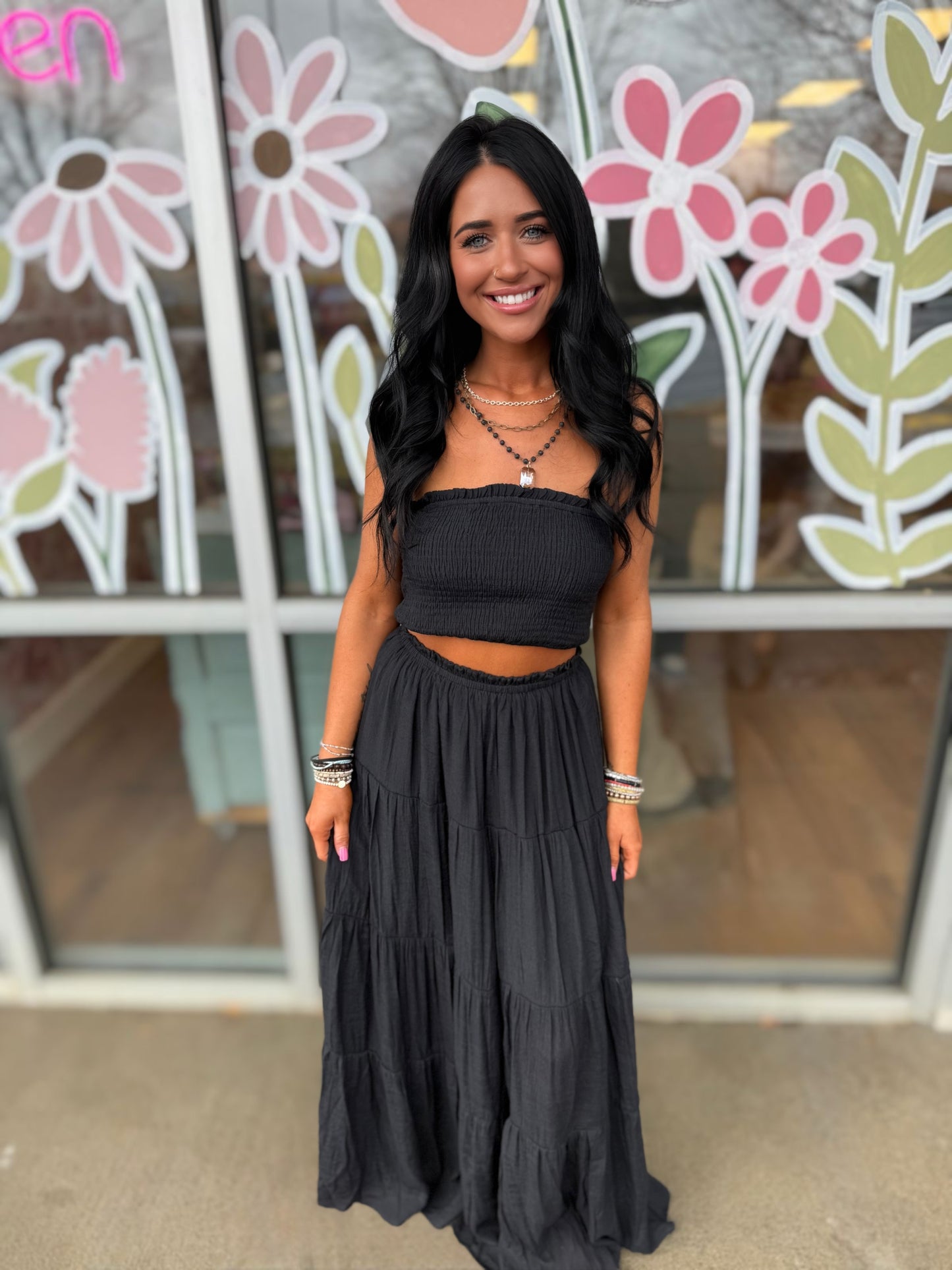 Black Smocked Tube Top & Skirt Set