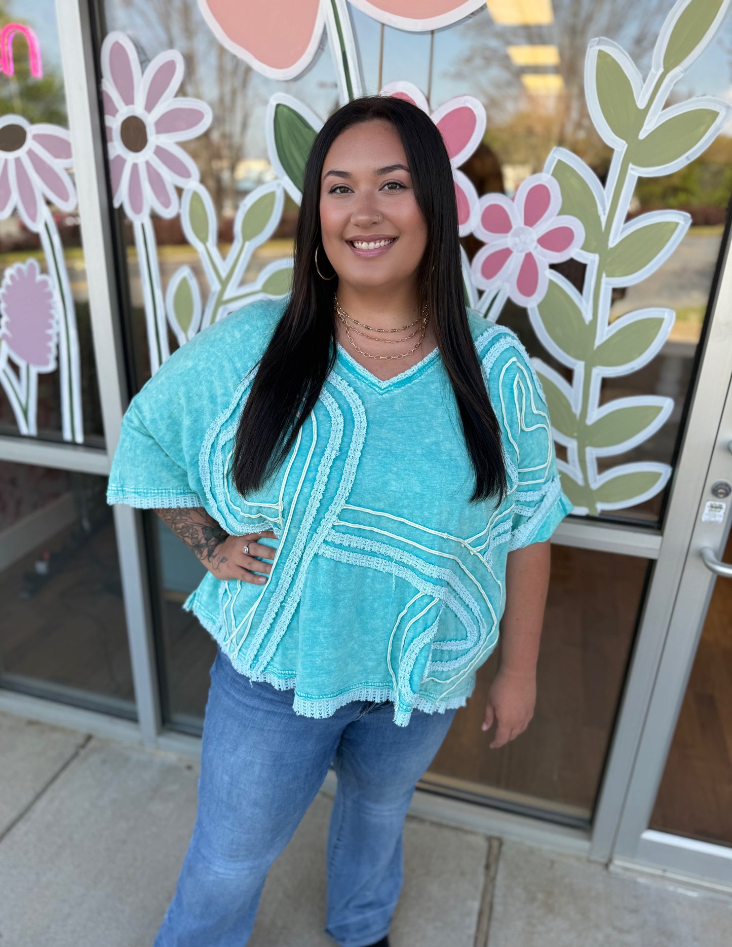 Aqua Connective Hearts V- Neck