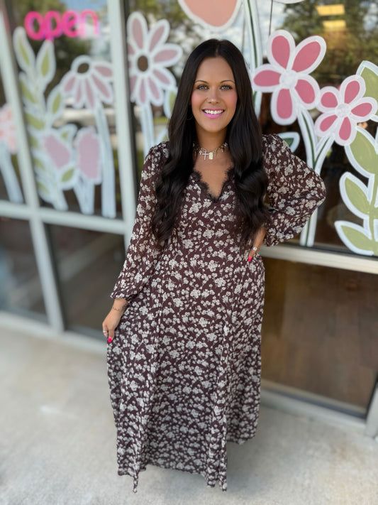 Mocha Floral Lace Maxi Dress