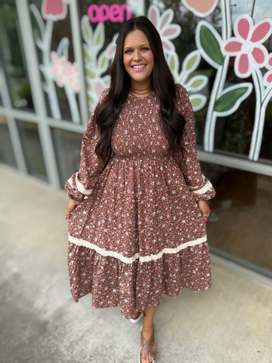 Mocha Smocked Floral Cotton Maxi Dress