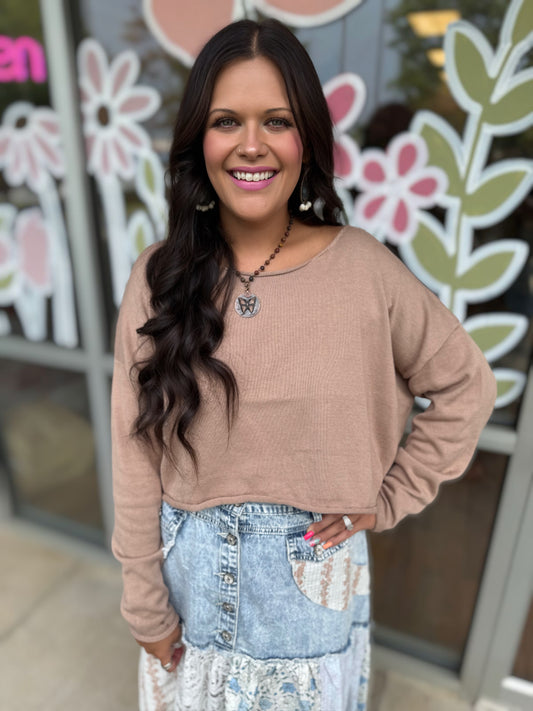 Taupe Boat Neck Cropped Sweater
