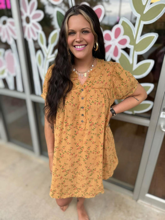 Mustard Floral Printed Gauze Mineral Wash Dress