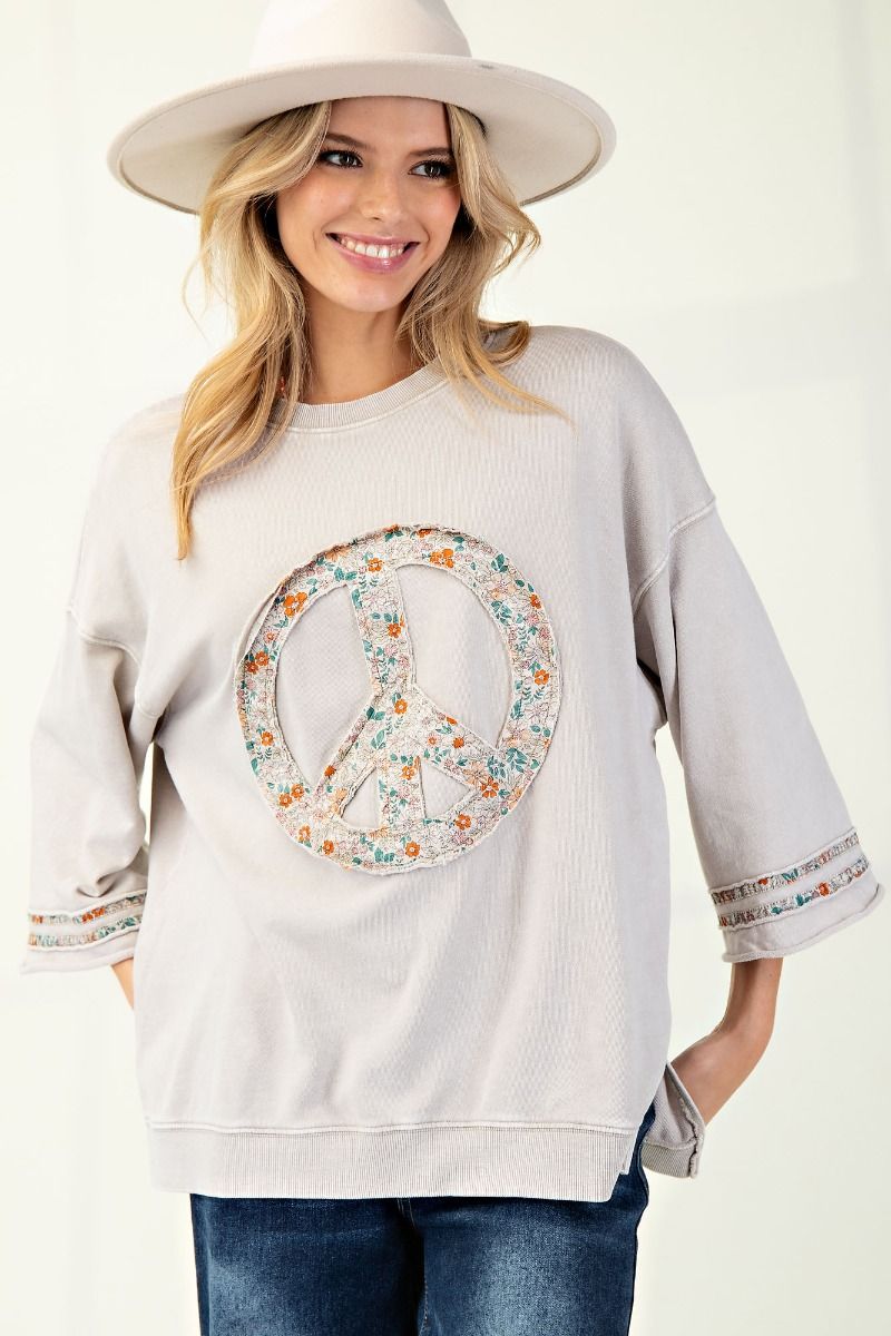 Mineral Washed Floral Peace Sign Pullover