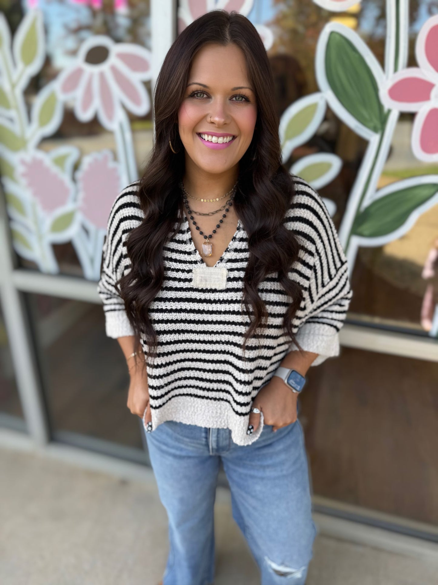 Oatmeal Striped Half Sleeve Sweater