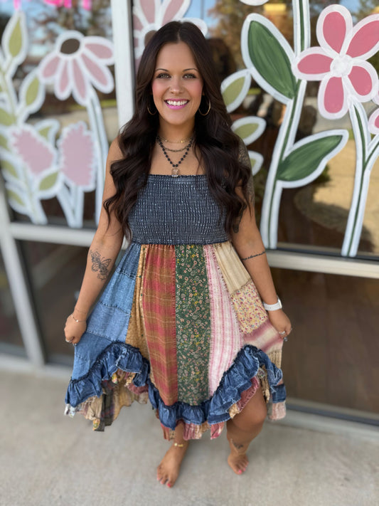 Ruffled Midi Dress with Denim Inserts