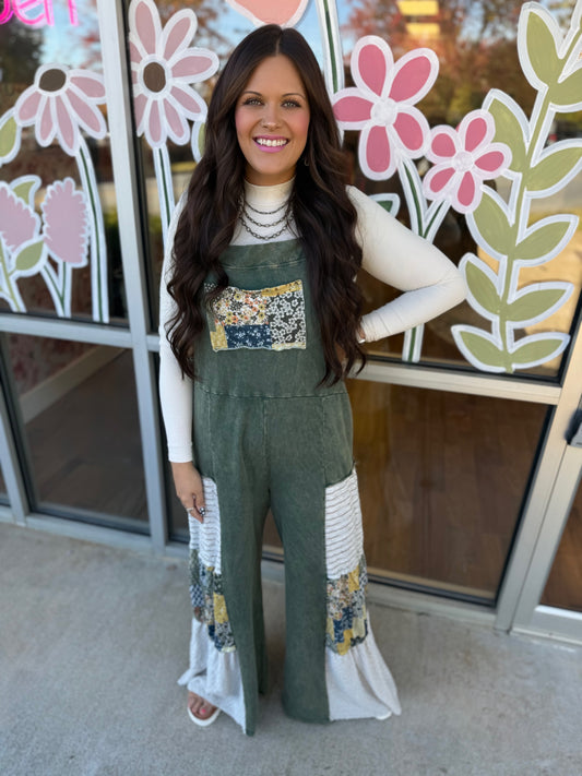 Olive Tiered Boho Patchwork Overalls