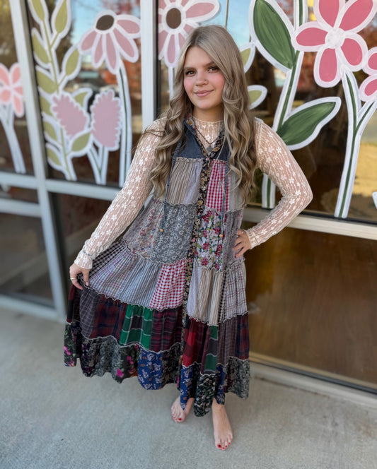 Boho Patchwork Sleeveless Maxi Duster With Hood