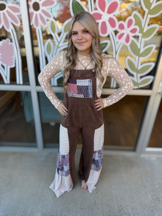 Chocolate Tiered Boho Patchwork Overalls