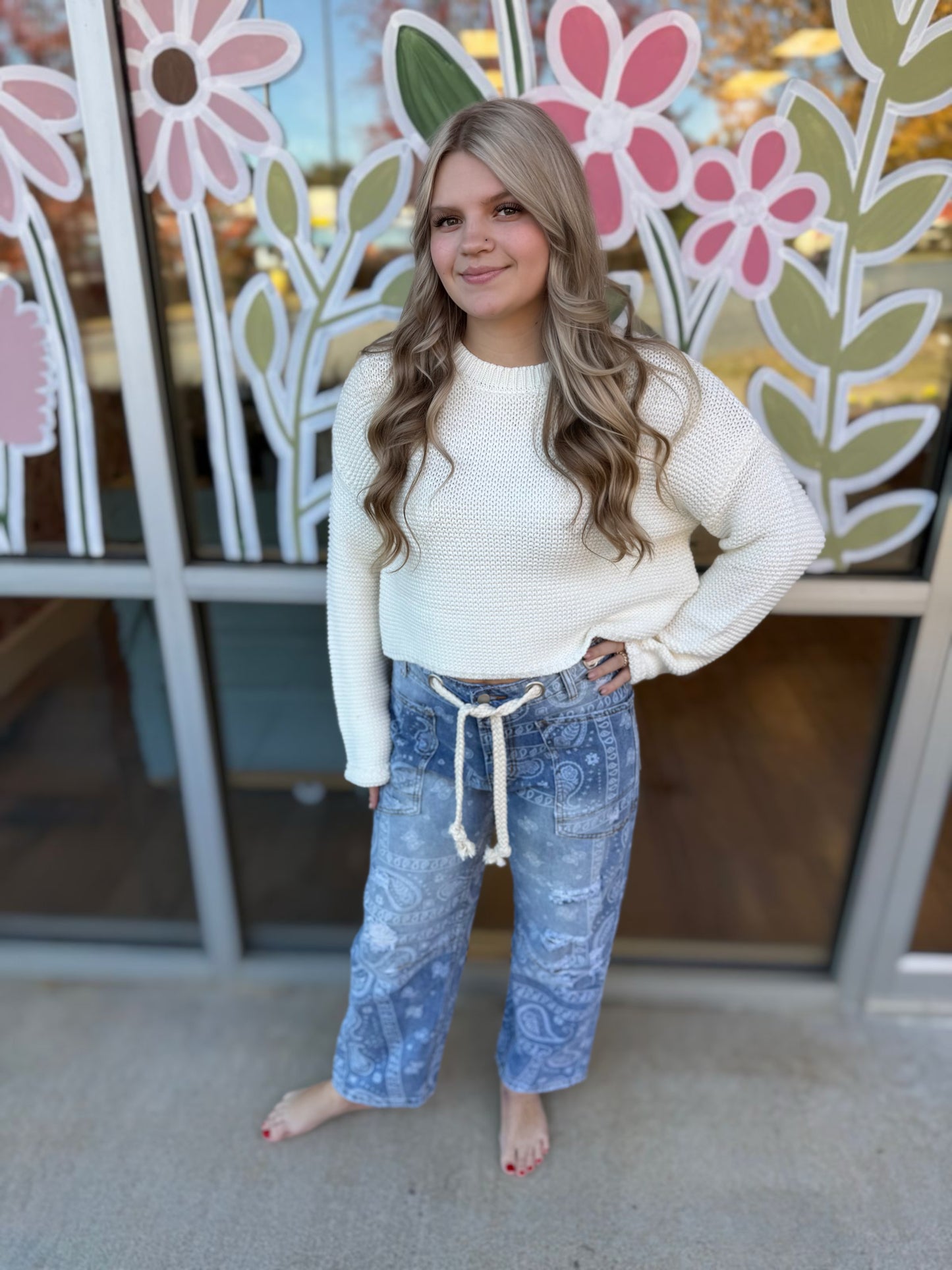 Textured Knit Crew Neck Drop Shoulder Sweater