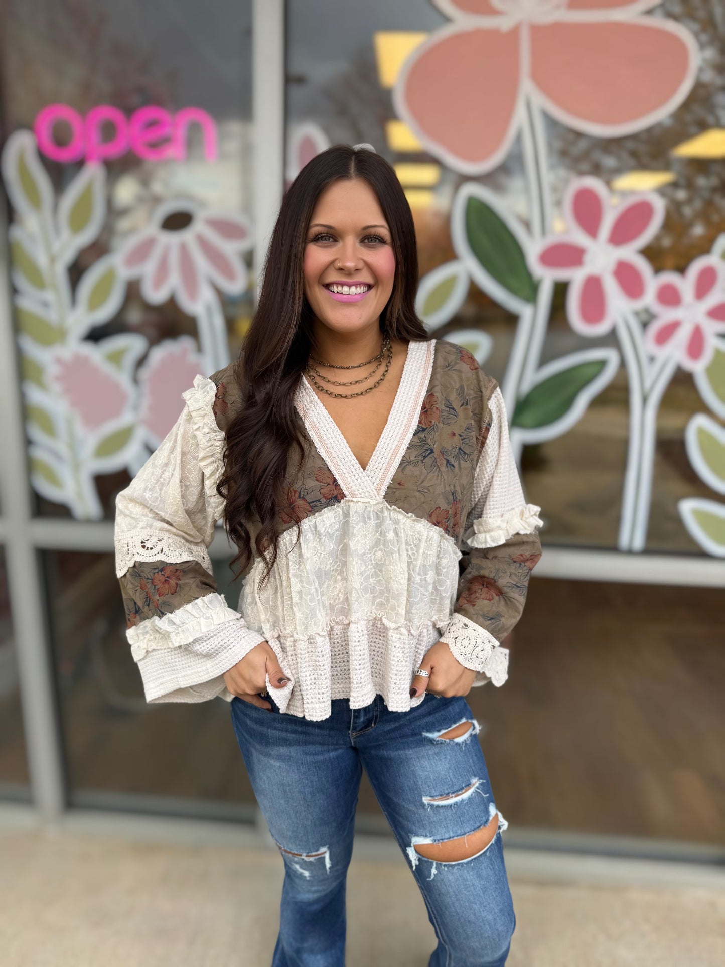 Long Sleeve Patchwork Floral Print Ruffle Stitch Woven Top