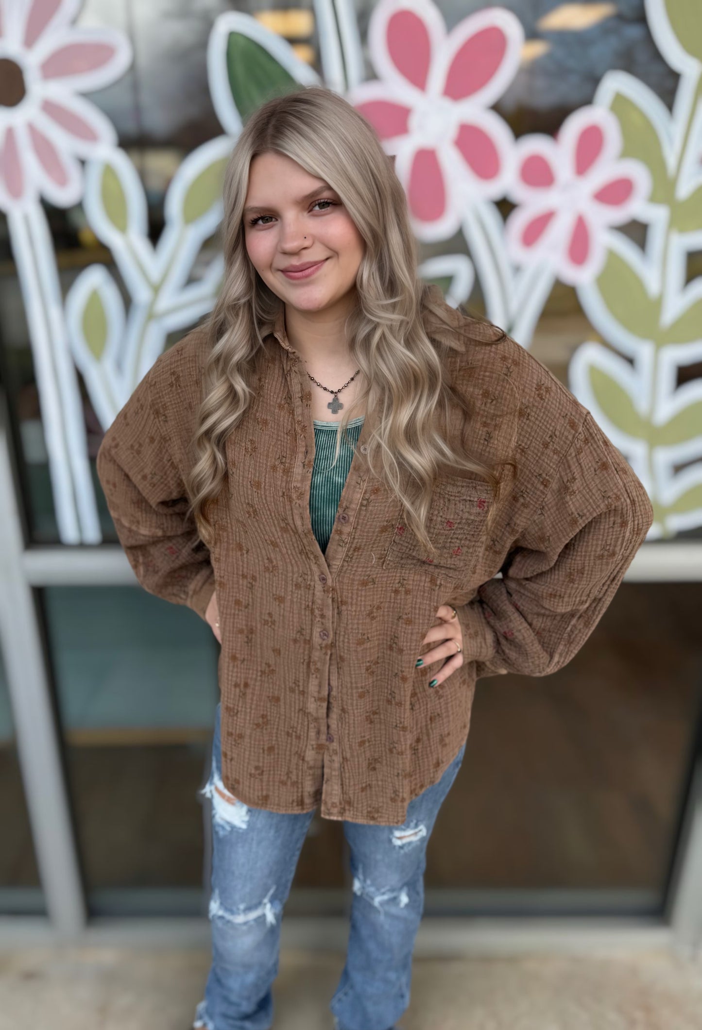 Mocha Floral Print Gauze Washed Shirt