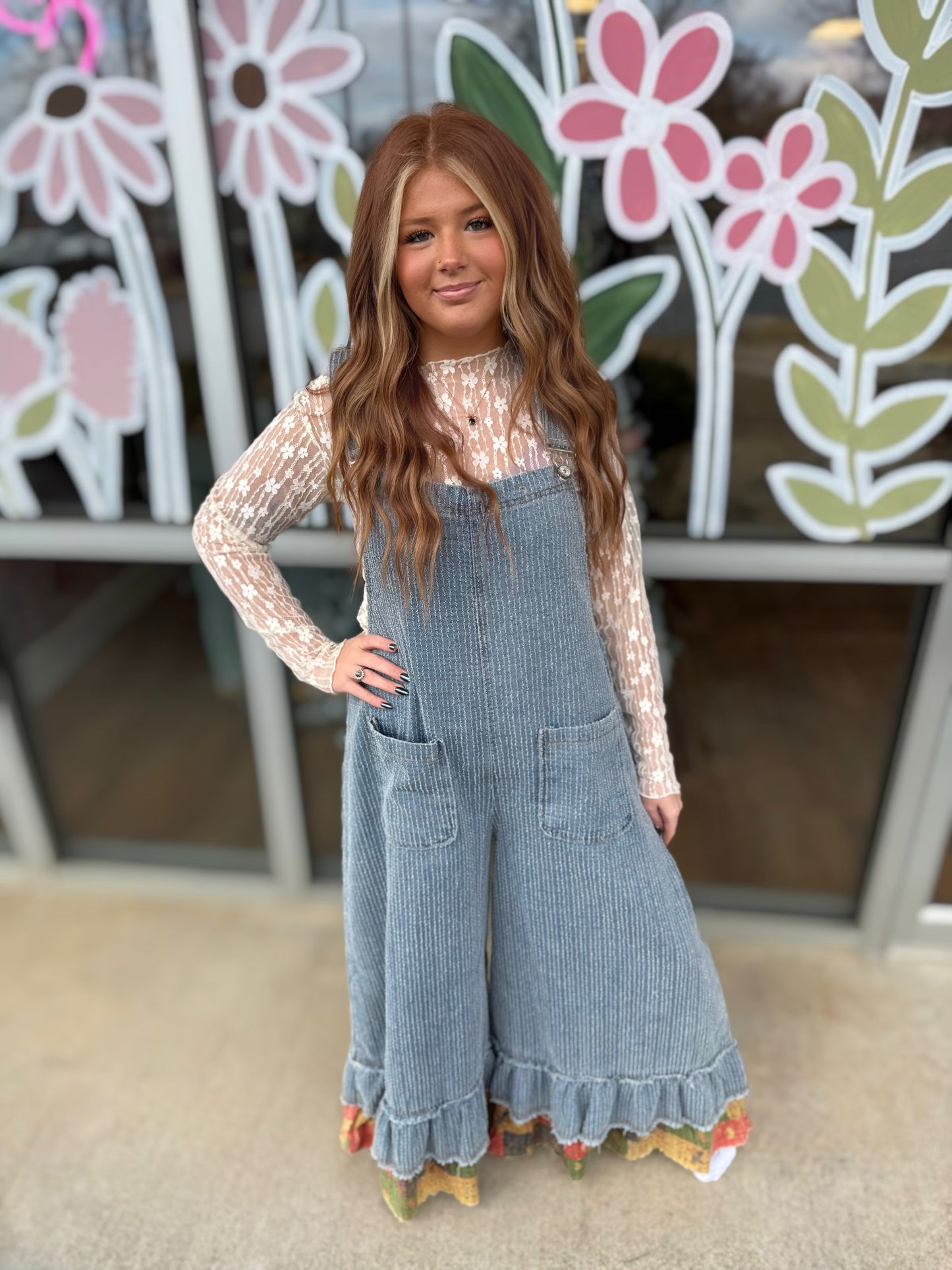 Textured Denim Contrast Ruffle Woven Overalls