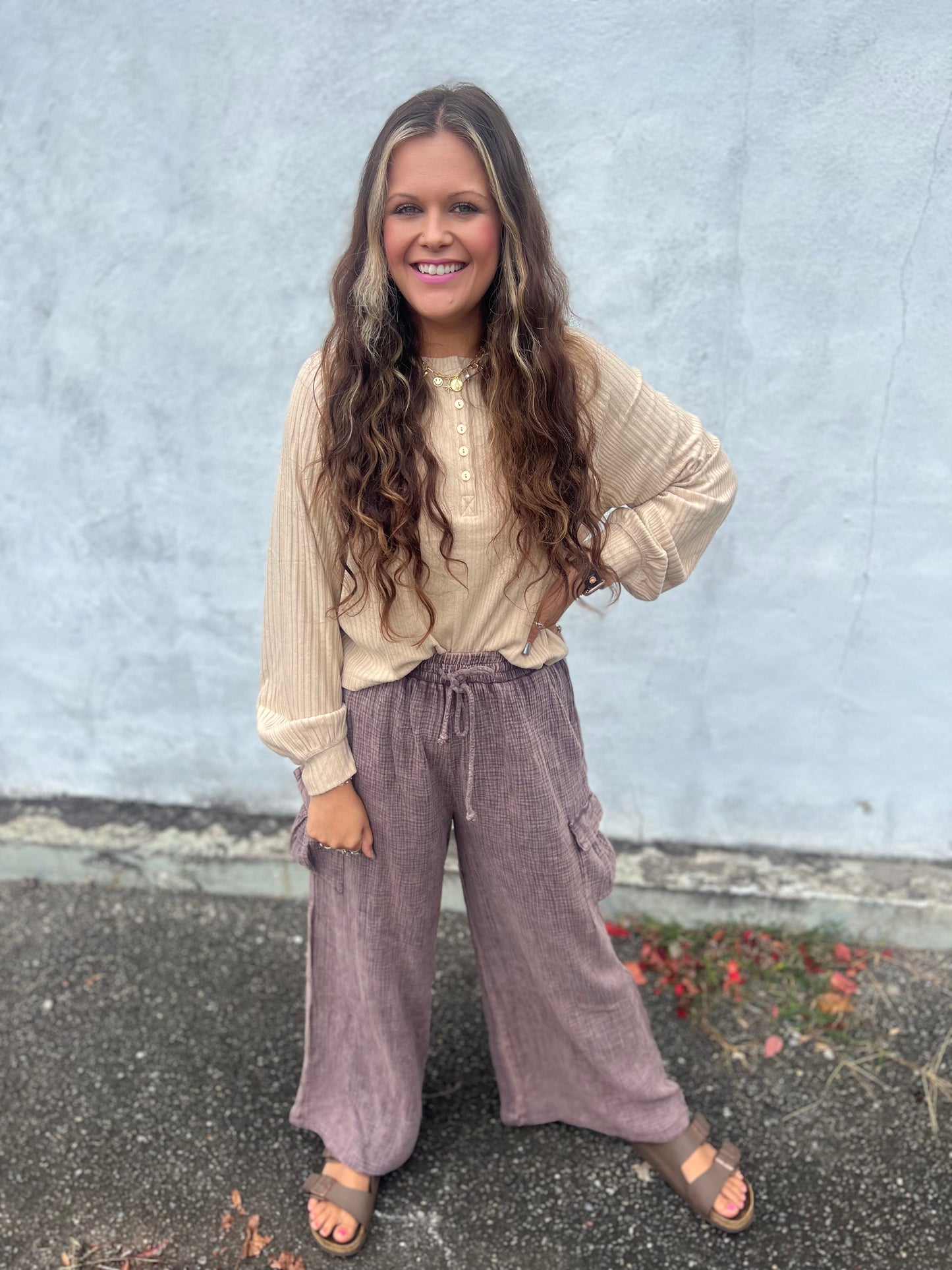 Washed Plum Gauze Flare Leg Pants