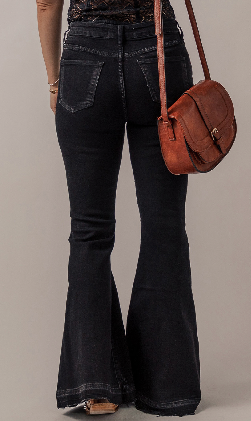 Black High Waist Button Front Flare Jeans