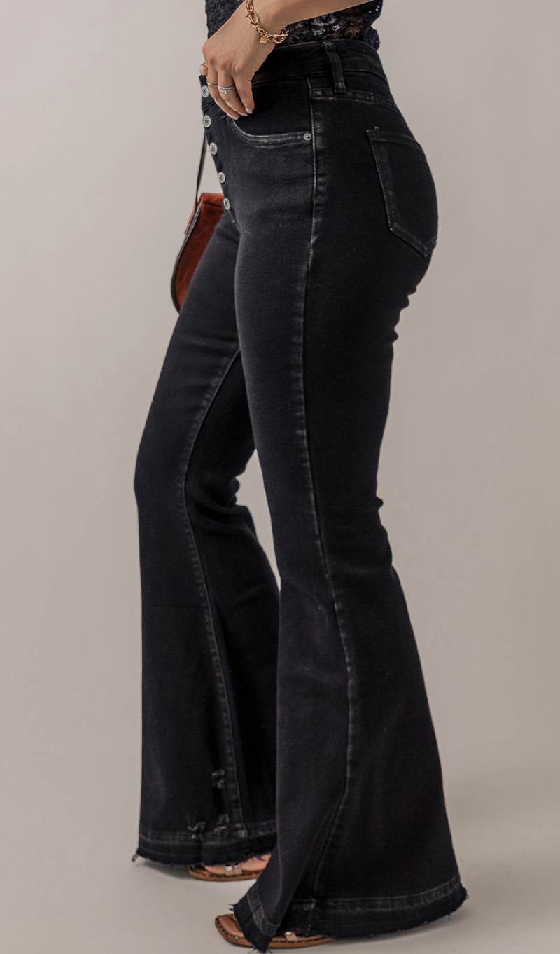 Black High Waist Button Front Flare Jeans