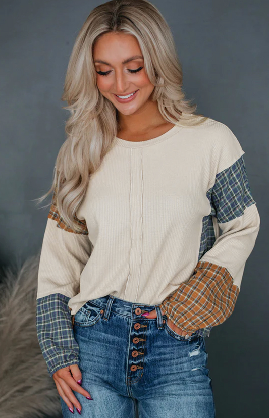 Plaid Patchwork Raw Seam Long Sleeve Top