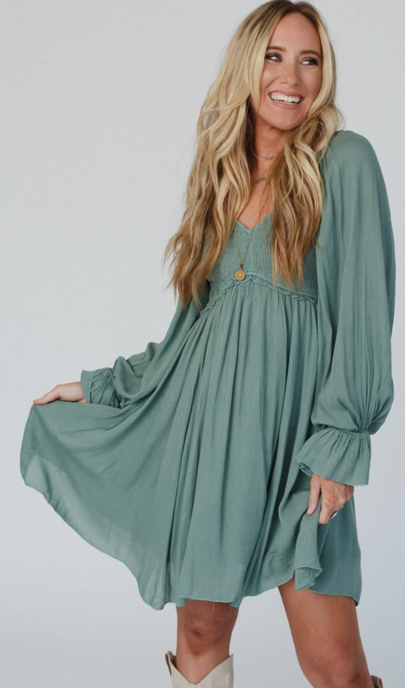 Green Smocked Ruffled Flowy Short Dress